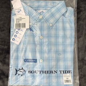 Southern Tide Muscogee Plaid Intercoastal Longsleeve Sport Shirt Clearwater Blue